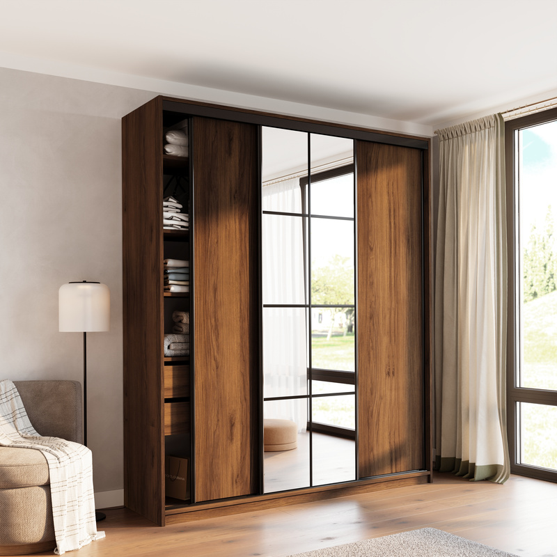 Wysoka szafa przesuwna z lustrem 200 cm do sypialni EDGE MAX orzech