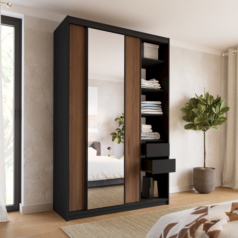Wysoka szafa przesuwna z lustrem 150 cm do sypialni LOFT MAX orzech