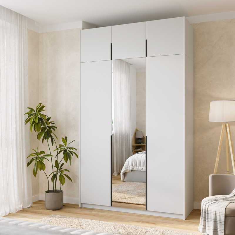 Biała wysoka szafa uchylna z lustrem i półkami 150 cm ASAN