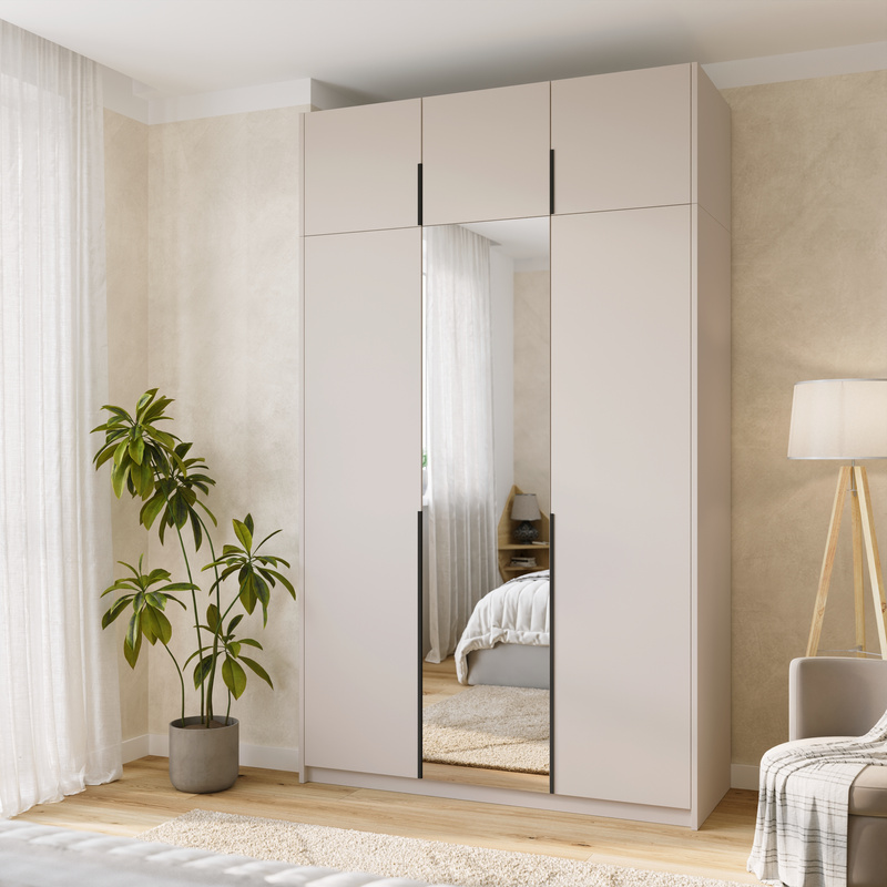 Kaszmirowa wysoka szafa uchylna z lustrem i półkami 150 cm ASAN