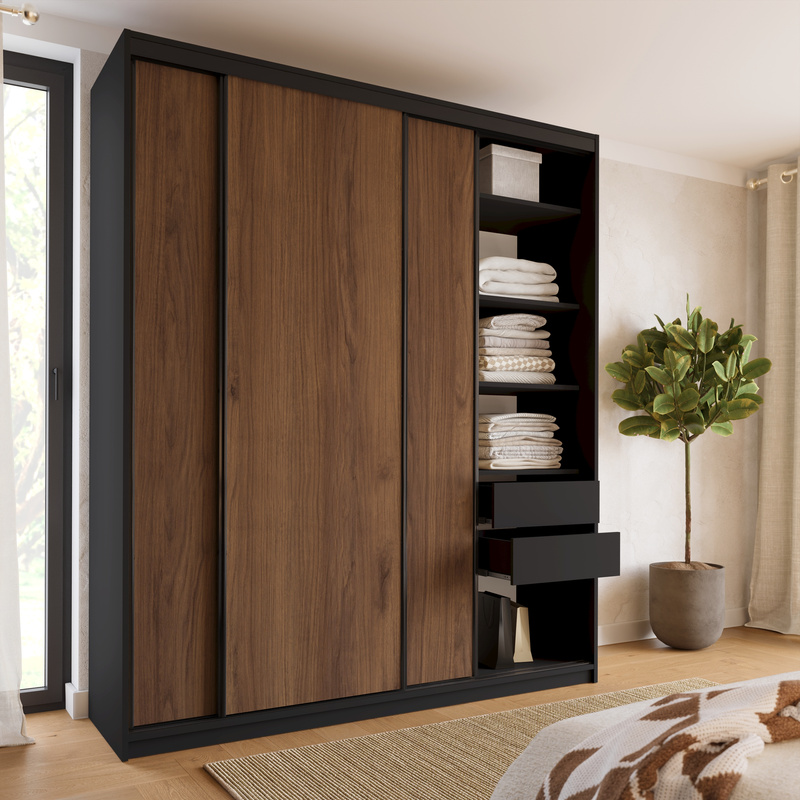 Wysoka szafa przesuwna 200 cm do sypialni LOFT MAX orzech