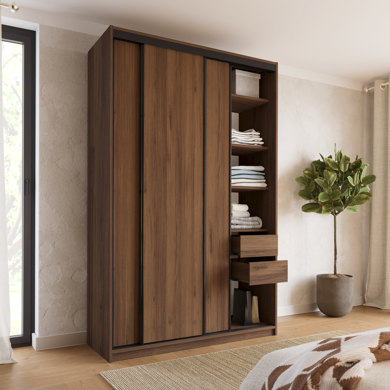 Wysoka szafa przesuwna 150 cm do sypialni LOFT MAX orzech