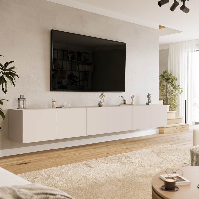 Wisząca szafka RTV 300 cm z półkami do salonu LORI kaszmir