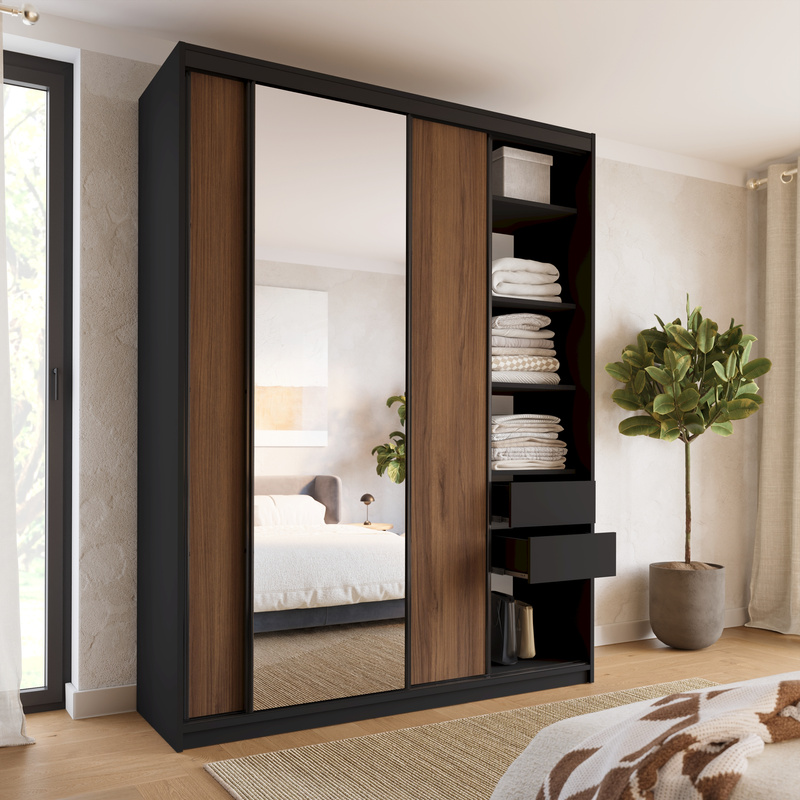 Wysoka szafa przesuwna z lustrem 180 cm do sypialni LOFT MAX orzech
