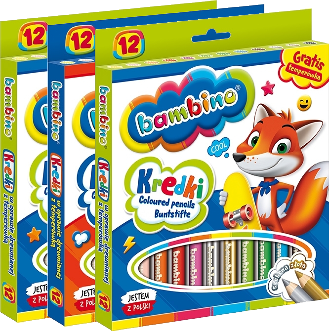 3x Kredki Bambino Zwierzaki Uczniaki, w oprawie drewnianej, 12 sztuk + temperówka, mix kolorów