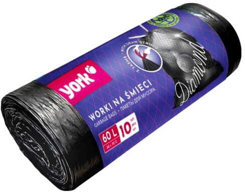 Worki na śmieci York Diamond, z taśmą, na odpady zmieszane, 60l, 10 sztuk, czarny
