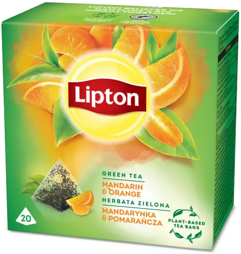 Herbata zielona smakowa w piramidkach Lipton Green Tea, mandarynka z pomarańczą, 20 sztuk x 1.2g