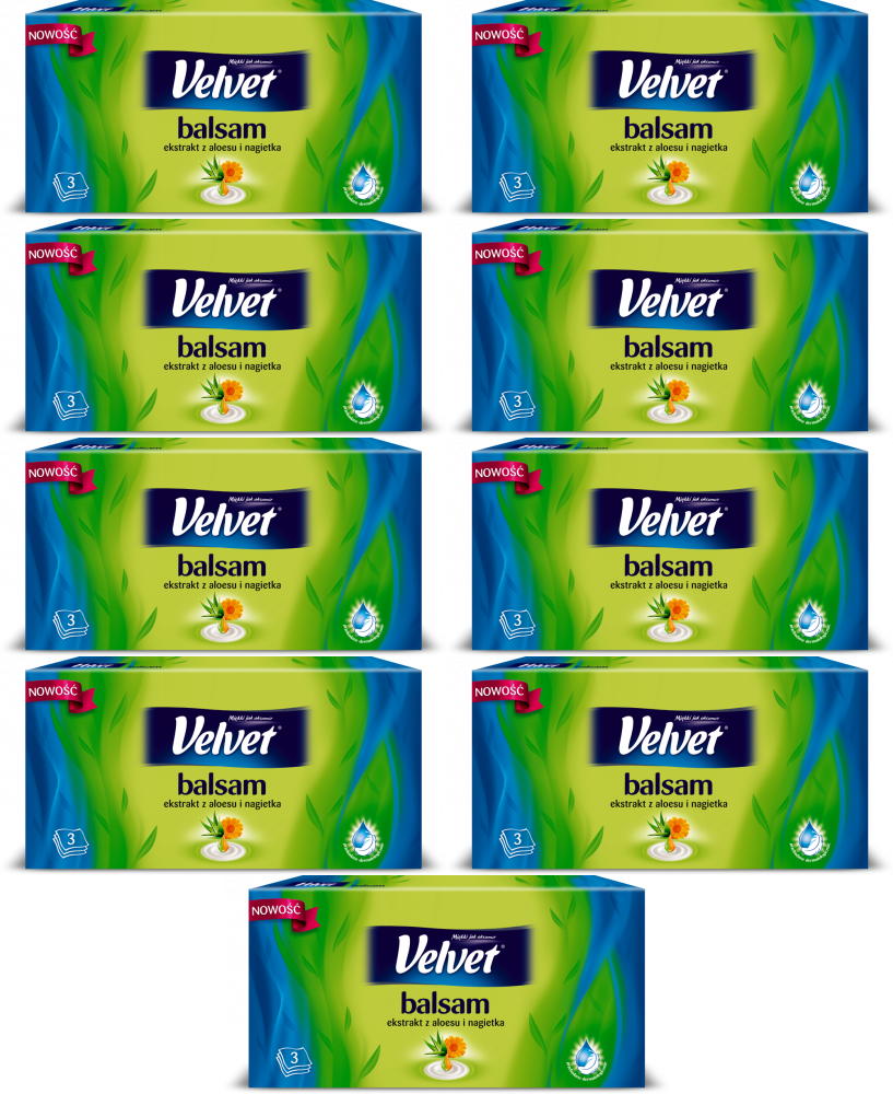 9x Chusteczki higieniczne Velvet, z balsamem z ekstraktem z aloesu i nagietka , w kartoniku, 70 sztuk