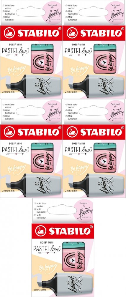 5x Zakreślacz Stabilo Boss Mini Pastellove, ścięta, w etui, 3 sztuki, mix kolorów