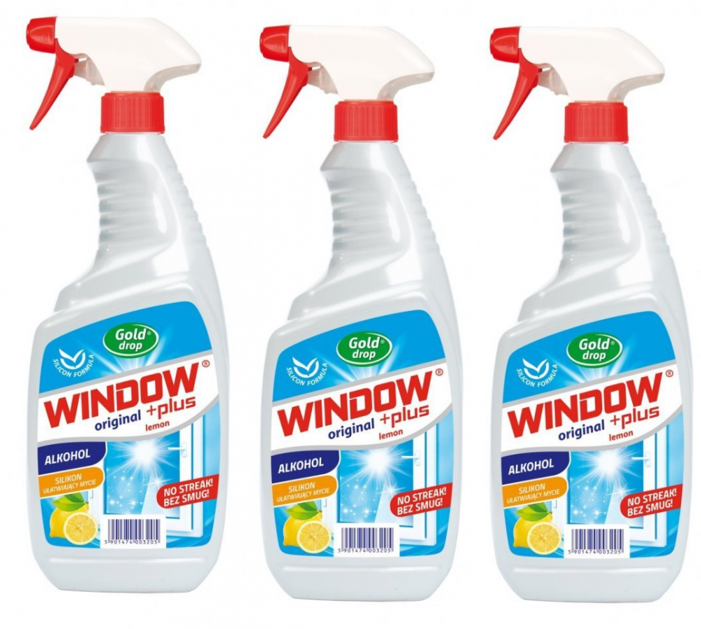3x płyn do mycia szyb Window Plus Gold Drop, z rozpylaczem, cytrynowy, 750ml