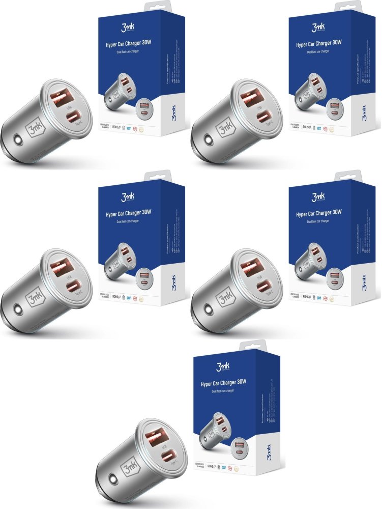 5x Ładowarka samochodowa 3mk Hyper Car Charger 30W, PD QC PPS, USB-C/USB-A, srebrny