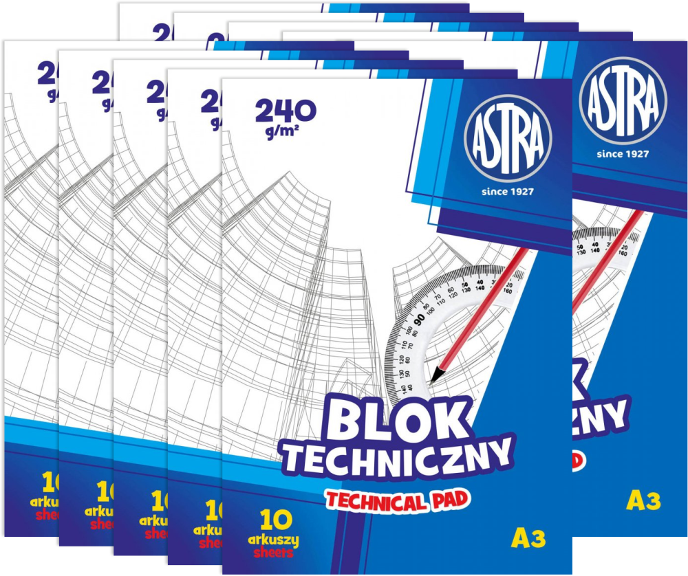 10x Blok techniczny Astra, A3, 240g, 10 kartek, biały