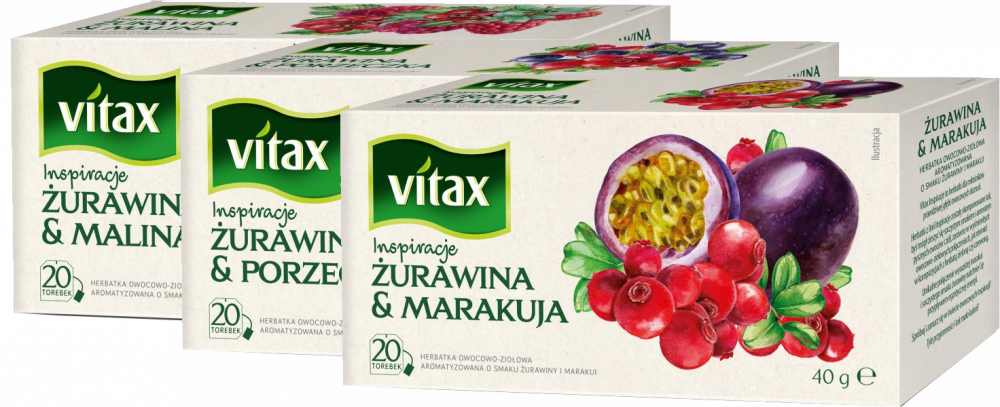 Zestaw herbat owocowych Vitax Inspirations: żurawina i marakuja, 20 sztuk + żurawina i porzeczka, 20 sztuk + żurawina i malina, 20 sztuk