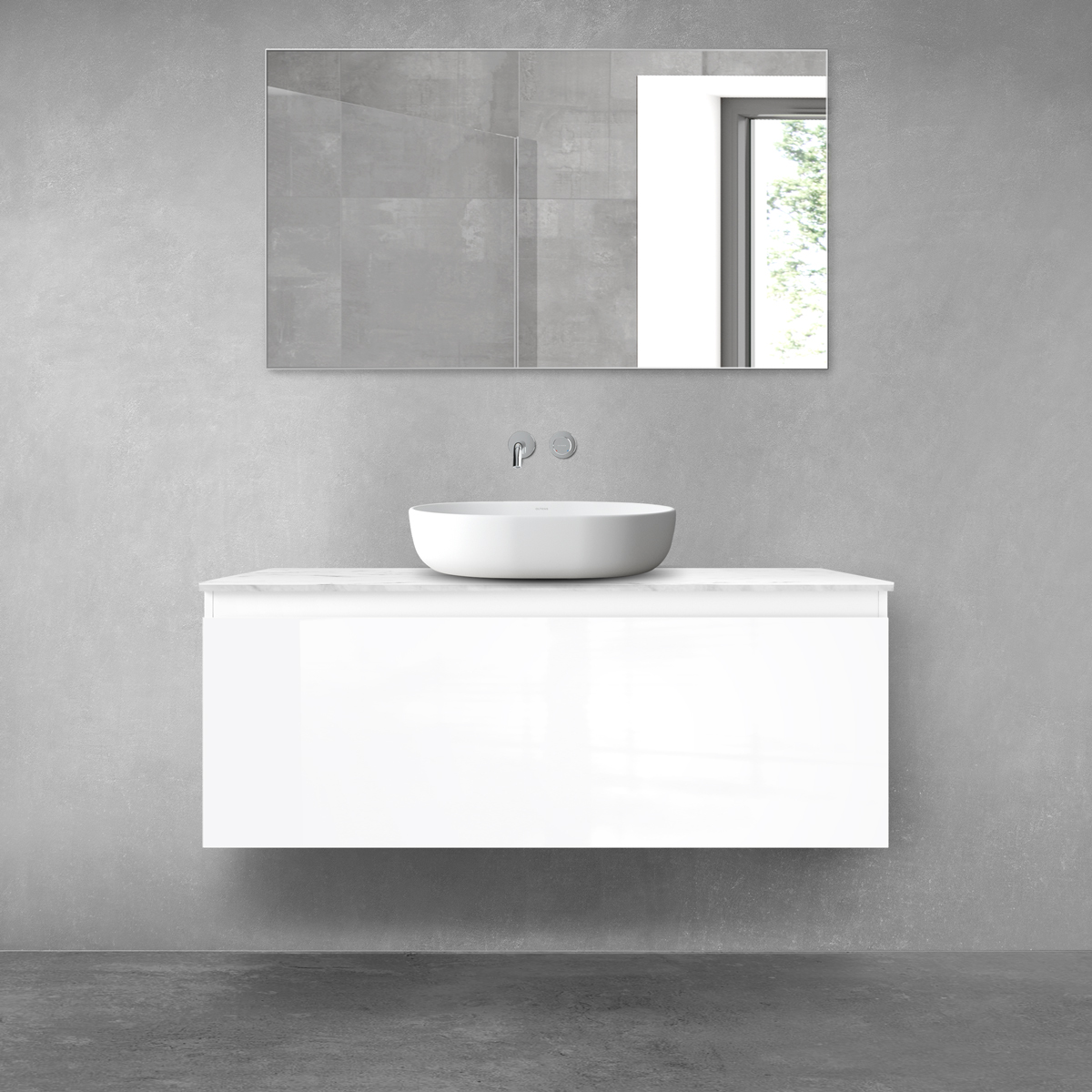 Zestaw Oltens Vernal szafka 120 cm podumywalkowa wisząca z blatem Tera biały połysk/jasny marmur 68713000 - Wysyłka w 24h