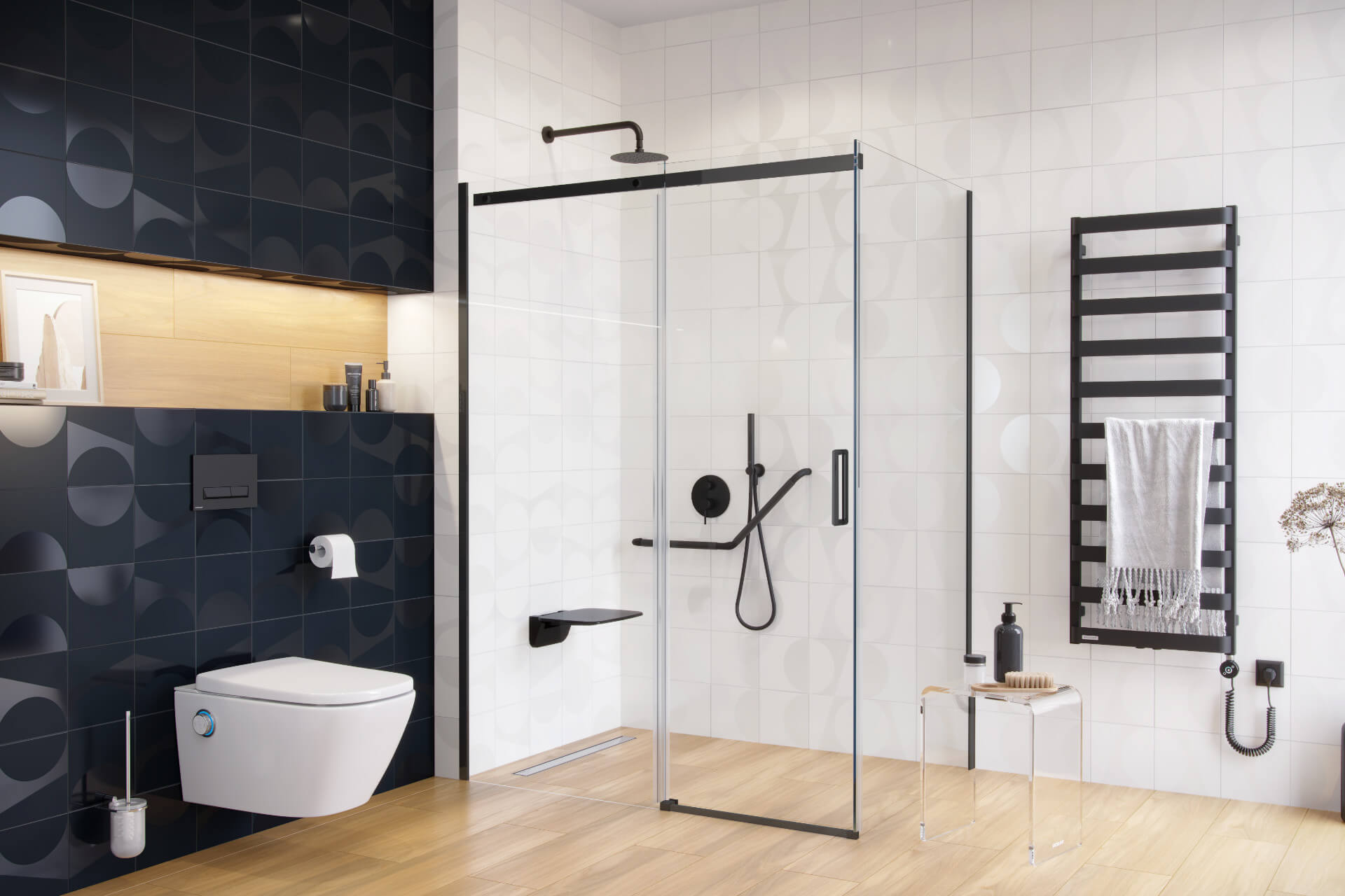 Excellent Rols ścianka prysznicowa z drzwiami 90 cm czarny mat/szkło przezroczyste KAEX.2606.900.LP.BL