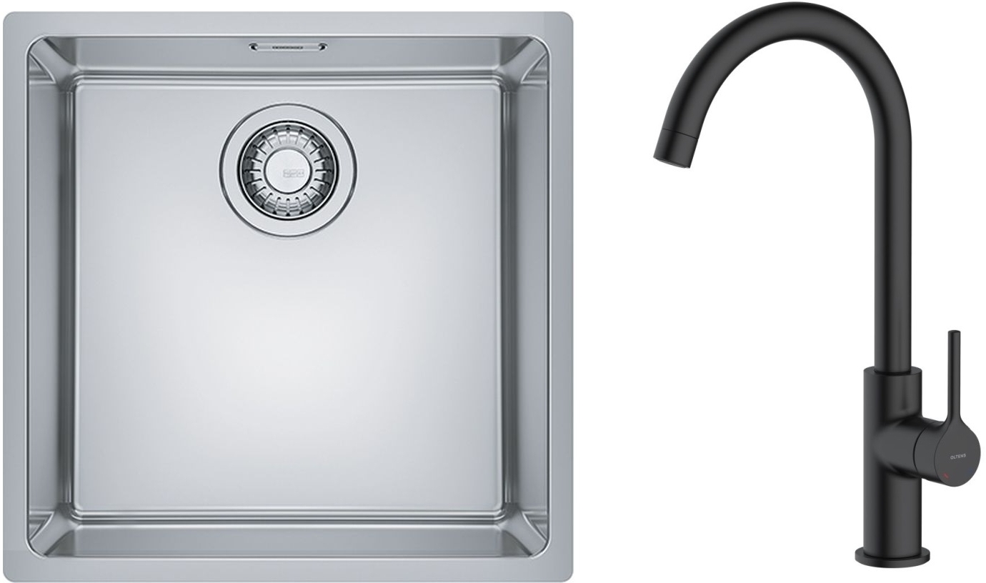 Zestaw Franke Maris MRX 110-40 zlewozmywak 40x40 cm z baterią kuchenną Oltens Skaft stal szczotkowana/czarny mat (1220543995, 35206300) - Wysyłka w 