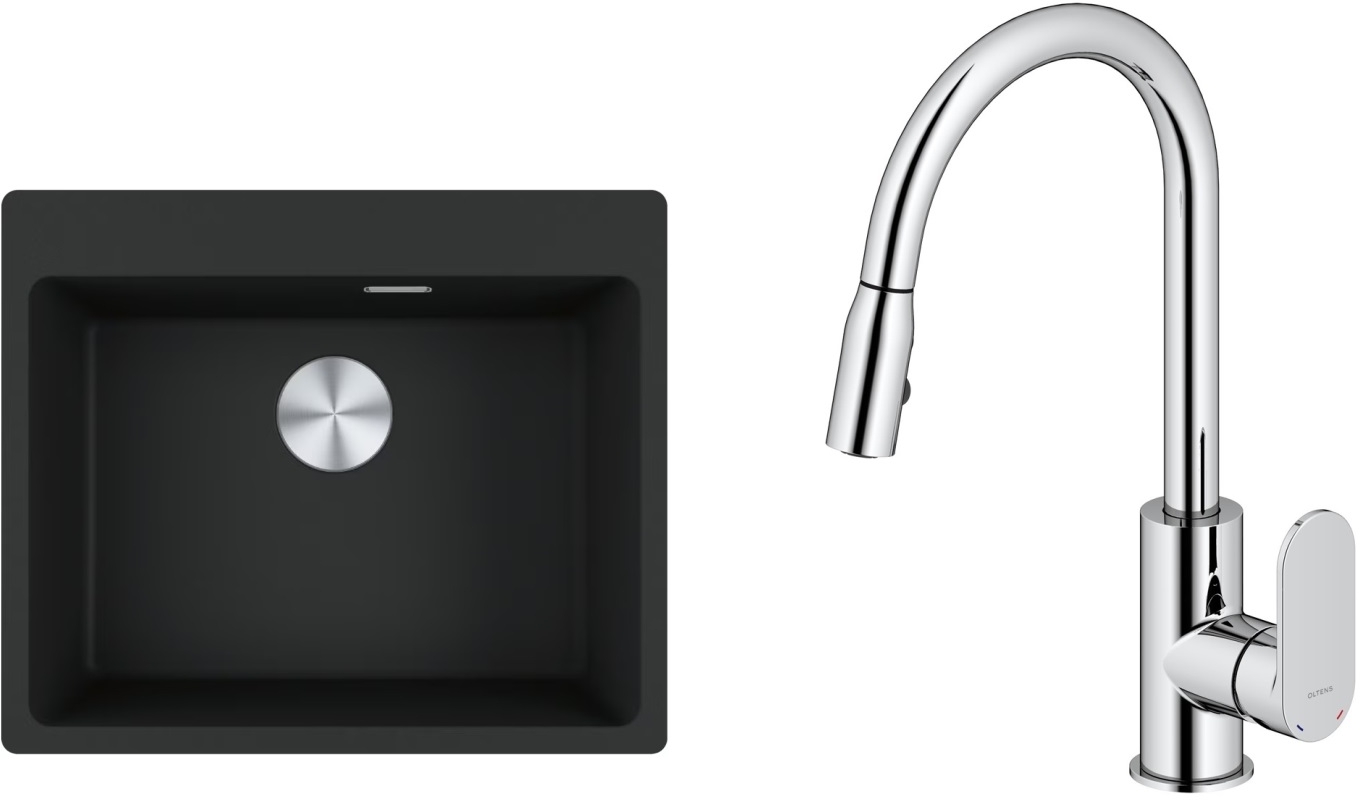 Zestaw Franke Maris MRG 610-54 FTL zlewozmywak 59x50 cm z baterią kuchenną Oltens Lista czarny mat/chrom (1140661794, 35202100)