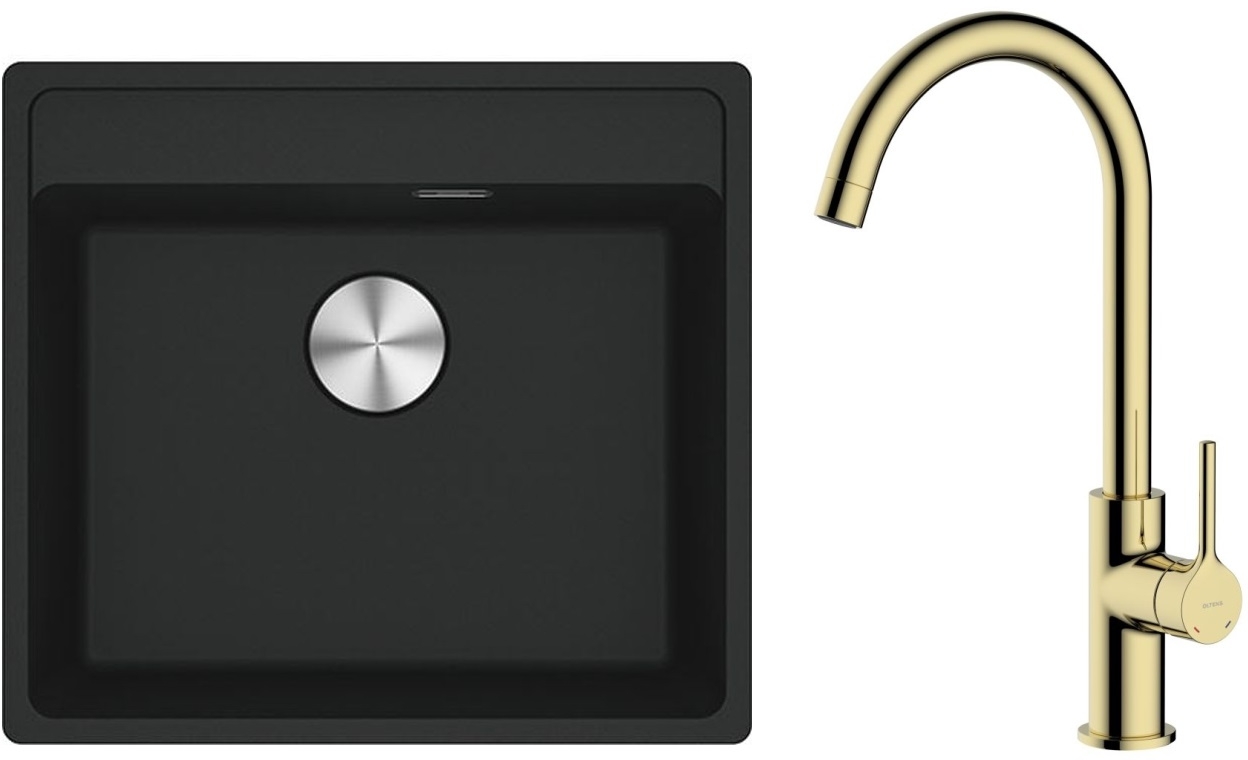 Zestaw Franke Maris MRG 610-52 zlewozmywak 51x56 cm z baterią kuchenną Oltens Skafta czarny mat/złoty połysk (1140661761, 35206800)
