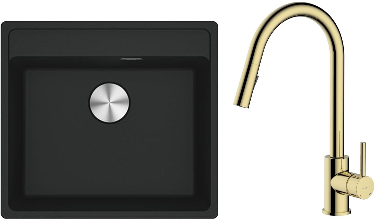 Zestaw Franke Maris MRG 610-52 zlewozmywak 51x56 cm z baterią kuchenną Oltens Litla czarny mat/złoty połysk (1140661761, 35204800)