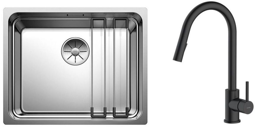 Zestaw Blanco Etagon 500-U zlewozmywak stalowy 54x44 cm z baterią kuchenną Oltens Litla stojąca z wyciąganą wylewką czarny mat ... - Wysyłka w 24h