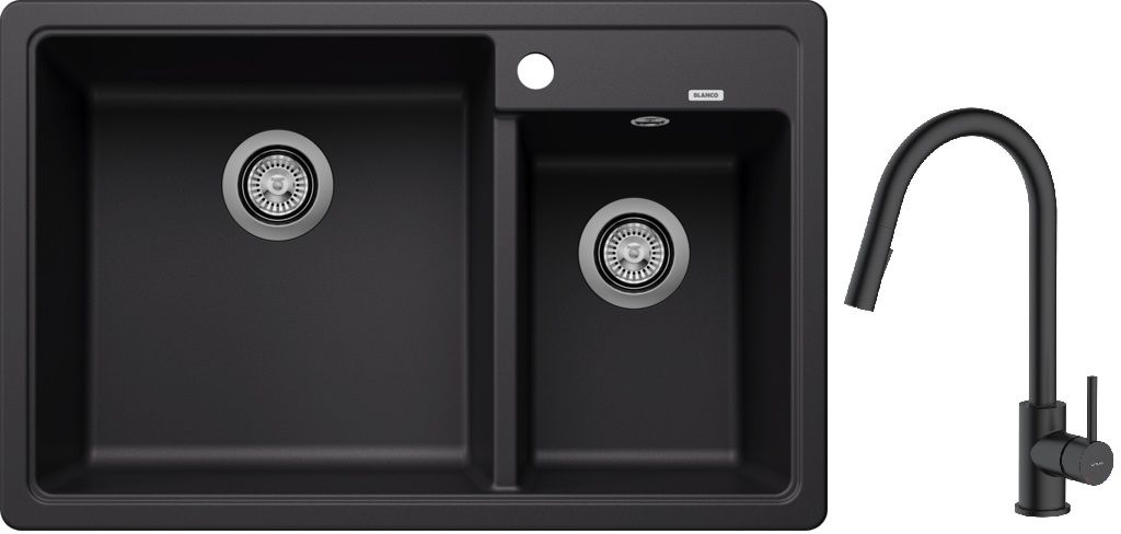 Blanco Legra 8 zlewozmywak 78x50 cm z Silgranit czarny z Oltens Litla bateria kuchenna stojąca czarny mat (526223, 35204300) - Wysyłka w 24h