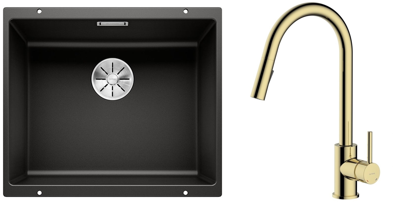 Zestaw Blanco Subline 500-U zlewozmywak granitowy 50x40 cm z baterią kuchenną Oltens Litla czarny mat/złoty połysk (35204800, 525995) - Wysyłka w 24h