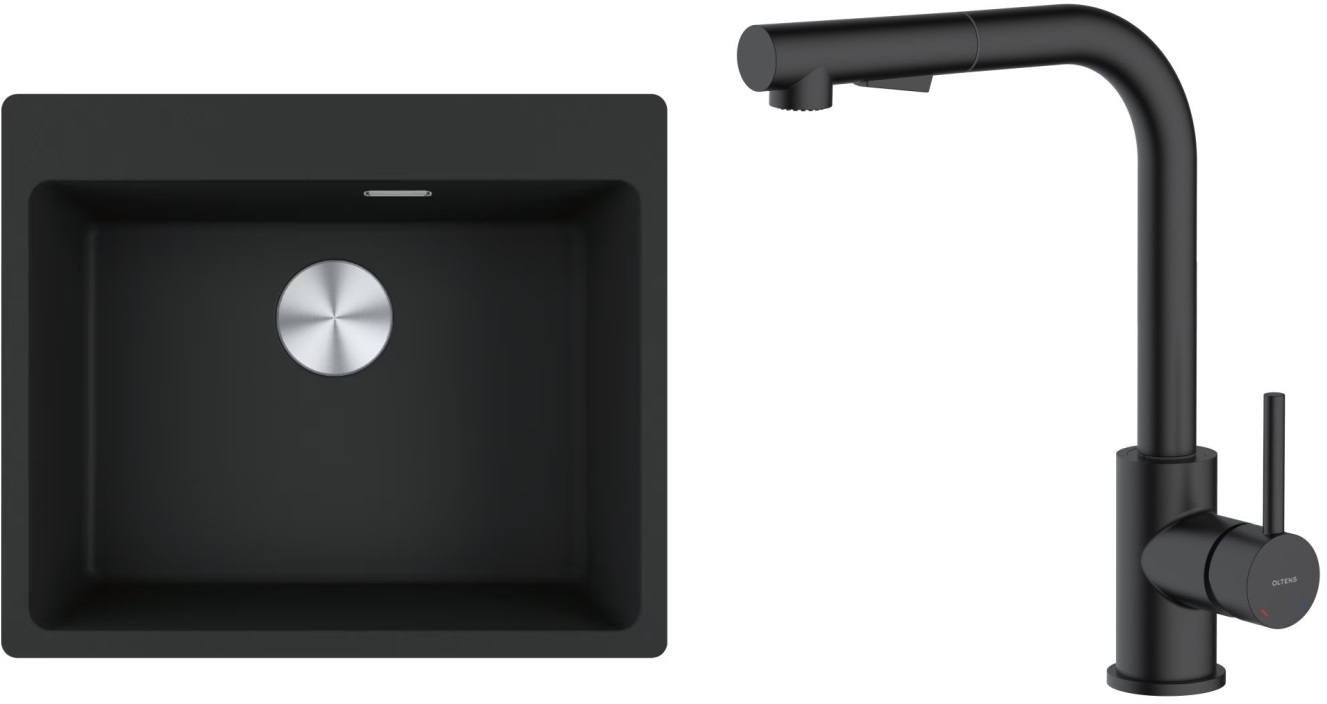 Zestaw Franke Maris MRG 610-54 FTL zlewozmywak 59x50 cm z baterią kuchenną Oltens Myvat czarny mat (1140661794, 35205300)