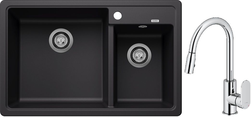 Blanco Legra 8 zlewozmywak 78x50 cm z Silgranit czarny z Oltens Lista bateria kuchenna stojąca z wyciąganą wylewką chrom (526223, ... - Wysyłka w 24h