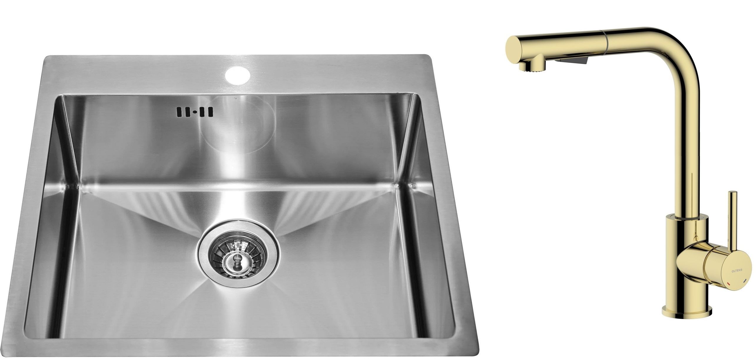 Zestaw Alveus Concept 10 zlewozmywak stalowy 54x48 cm z baterią kuchenną Oltens Myvat satyna/złoty połysk (1124382, 35205800)