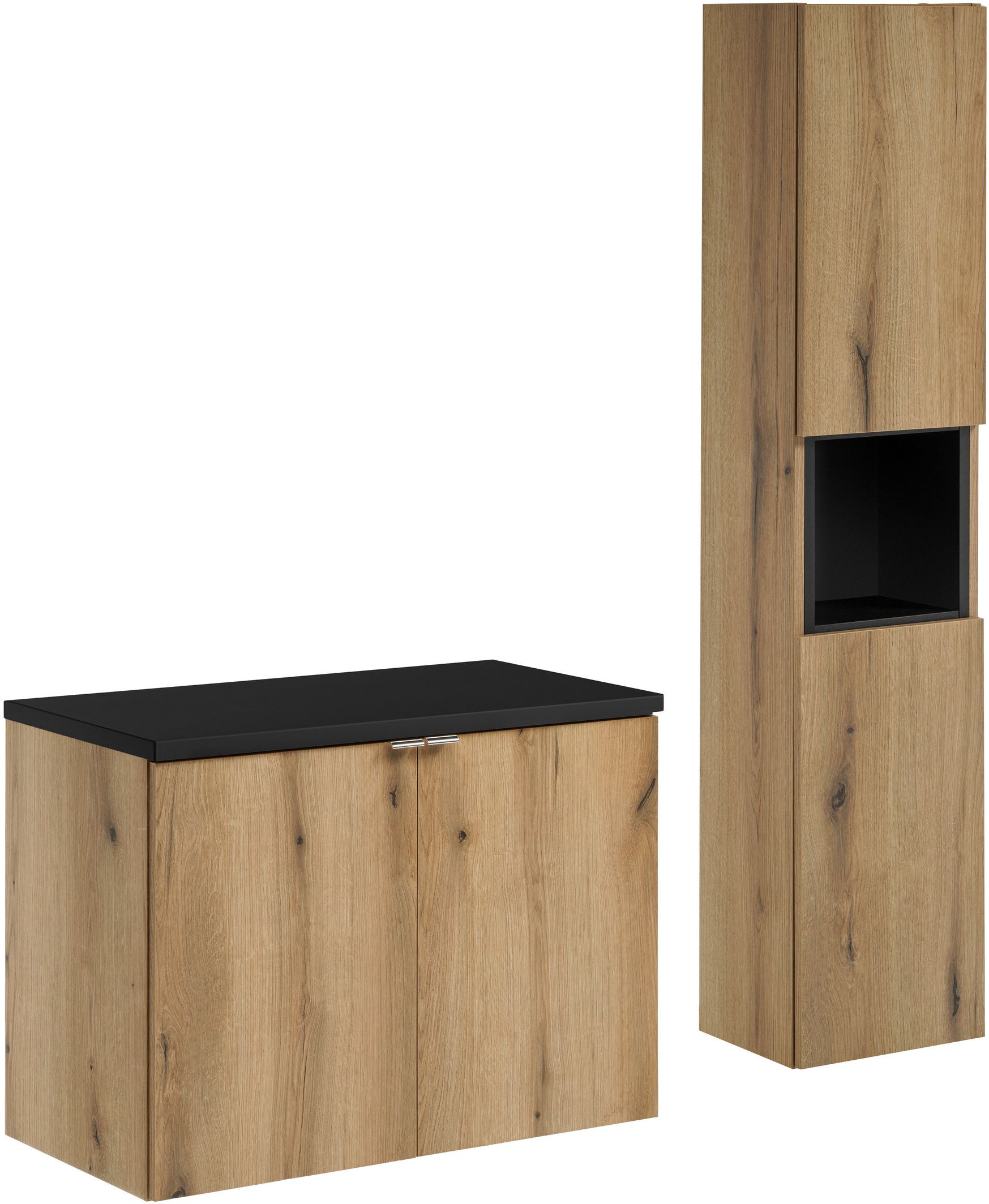 Zestaw Comad Nova Oak/Black szafka z blatem 80 cm wisząca i boczna wysoka z wkładem regału dąb/czarny SET-NOA B BLACK 80CM D HC