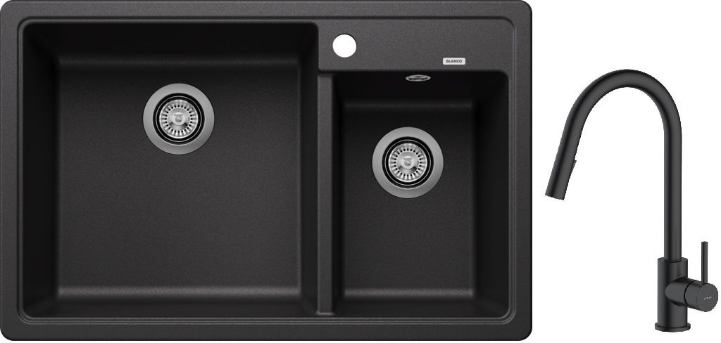 Blanco Legra 8 zlewozmywak 78x50 cm z Silgranit antracyt z Oltens Litla bateria kuchenna stojąca czarny mat (526224, 35204300)