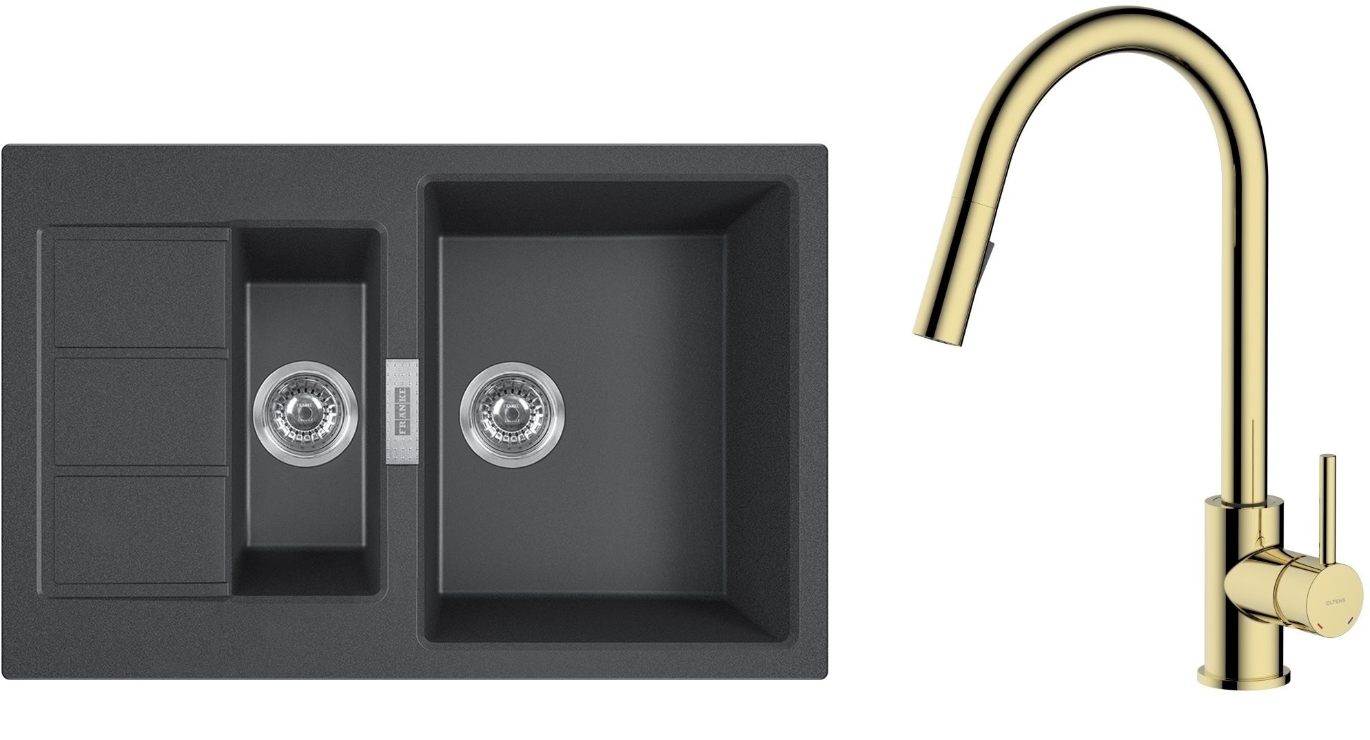 Zestaw Franke Sirius 2.0 S2D 651-78 zlewozmywak 78x50 cm z baterią kuchenną Oltens Litla onyx/złoty połysk (1430618687, 35204800) - Wysyłka w 24h