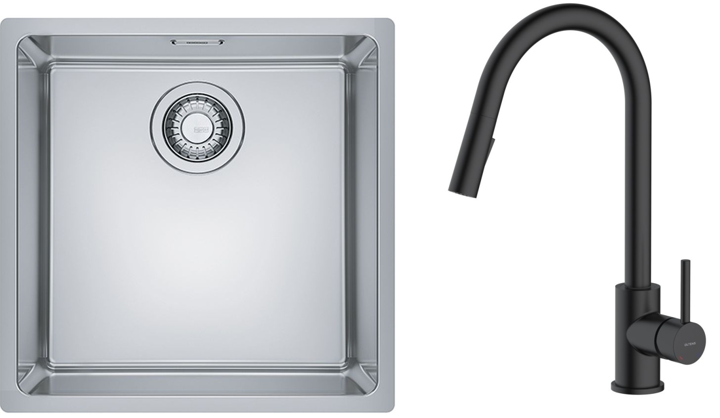 Zestaw Franke Maris MRX 110-40 zlewozmywak 40x40 cm z baterią kuchenną Oltens Litla stal szczotkowana/czarny mat (1220543995, 35204300) - Wysyłka w 