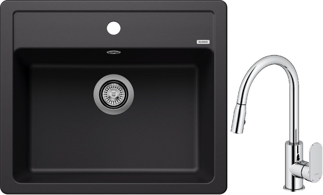 Blanco Legra 6 zlewozmywak 58,5x50 cm z Silgranit czarny z Oltens Lista bateria kuchenna stojąca z wyciąganą wylewką chrom (526084, ...