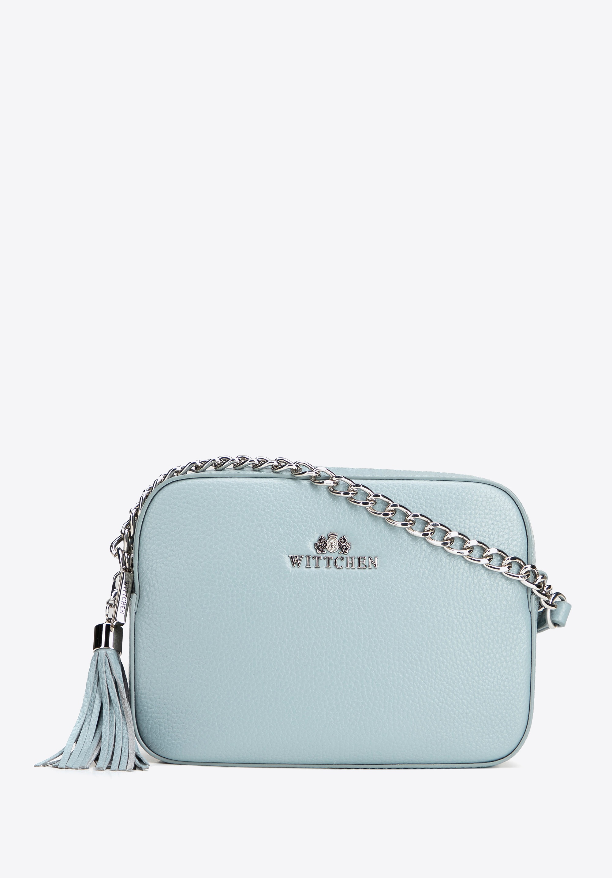 Damska listonoszka skórzana pudełkowa na łańcuszku jasnoniebieska