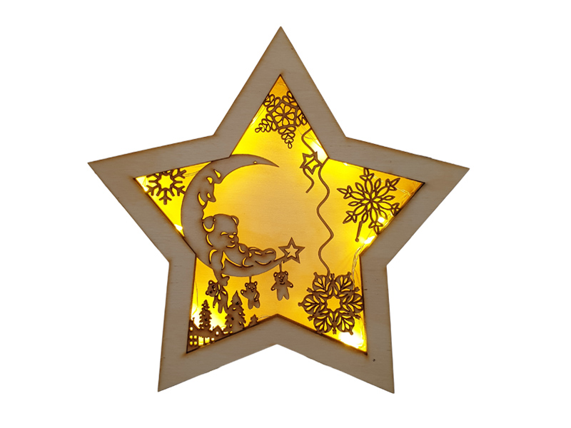 Drewniana lampka nocna, lampion LED, dekoracyjna świecąca gwiazdka na Boże Narodzenie