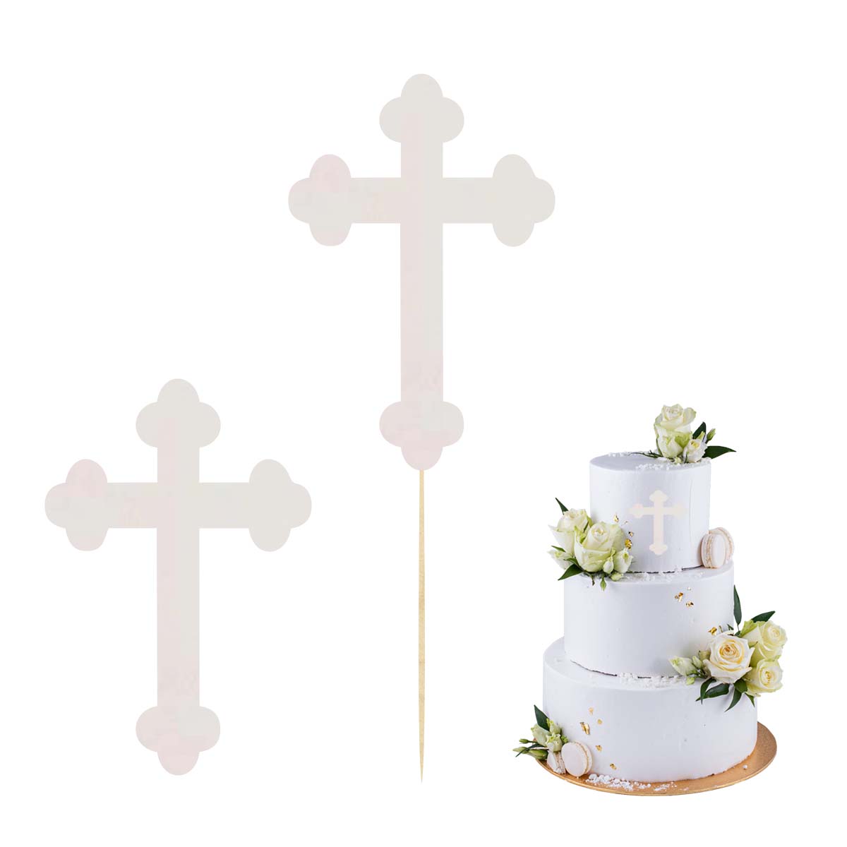 Topper na bok tortu krzyż biały dekoracja na Komunię Świętą pik scrapki