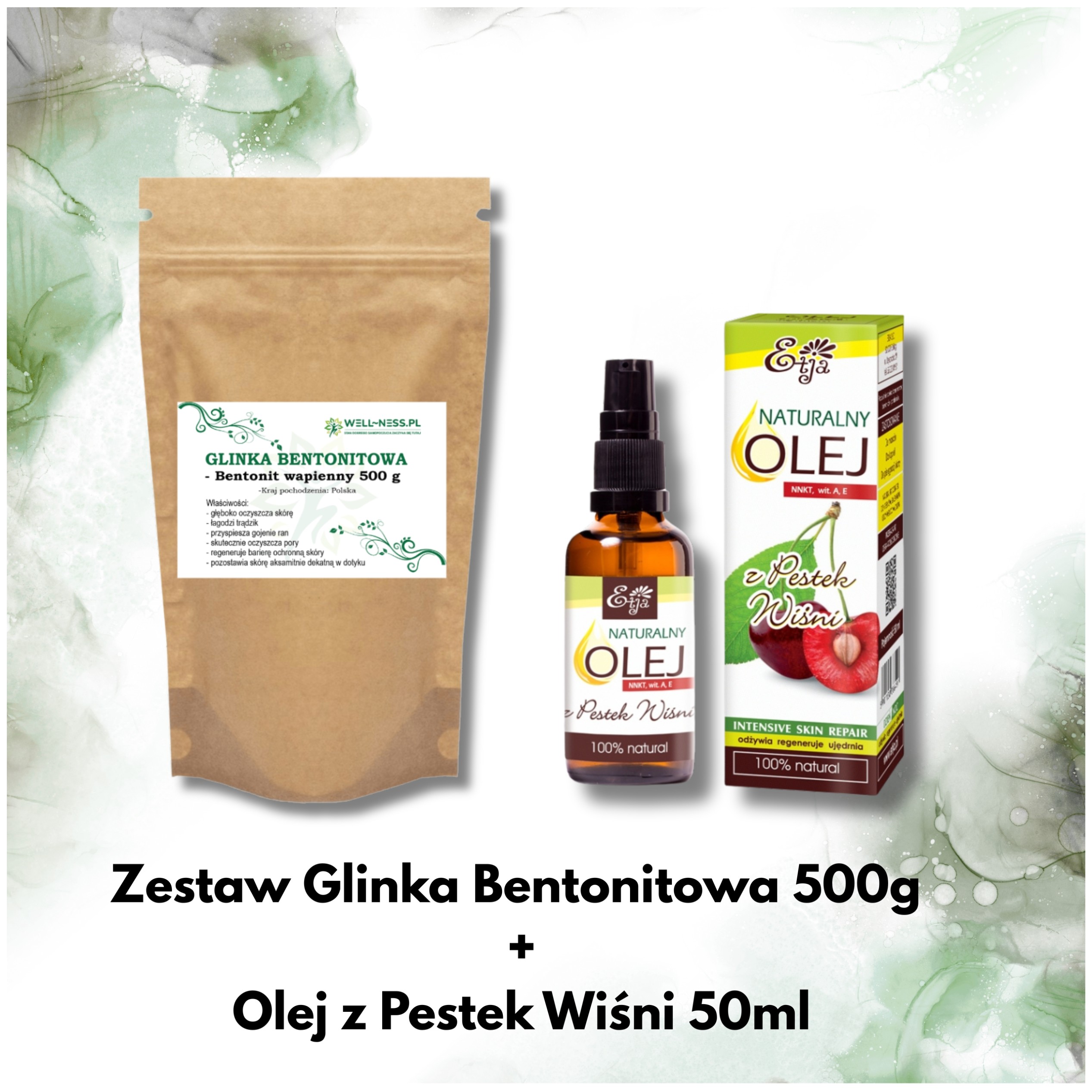 Zestaw glinka bentonitowa - bentonit wapienny 500g + olej z pestek wiśni 50 ml