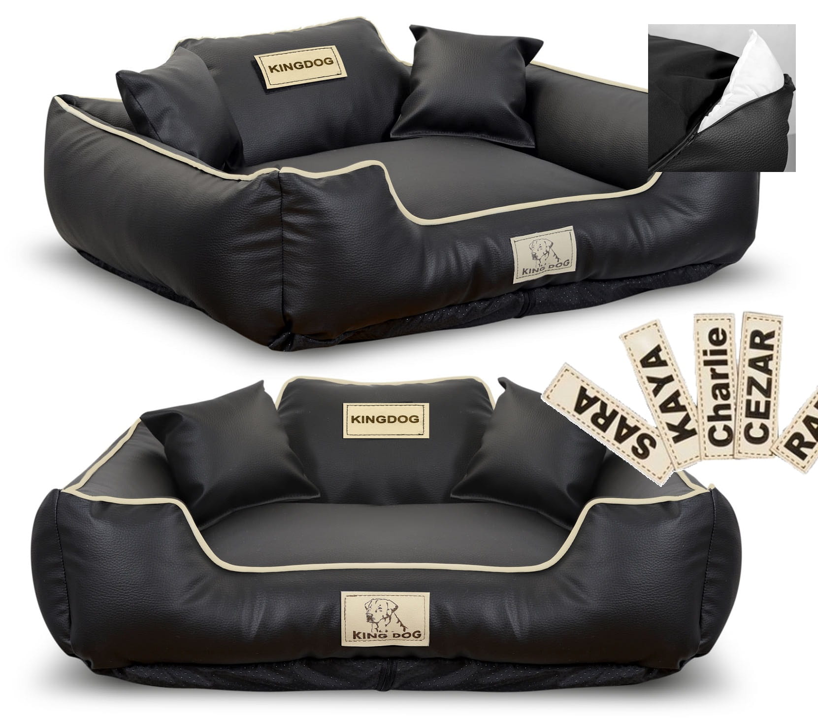 Legowisko dla psa kojec KINGDOG EKOSKÓRA 100x75 cm personalizowane rozbieralne antyslip czarne