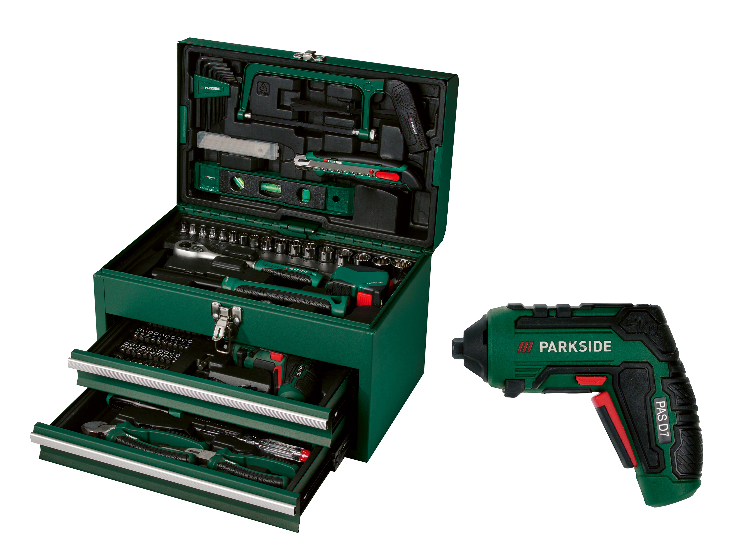 Parkside Skrzynka narzędziowa z wiertarko-wkrętarką, Pwbm A1, 92 elementy