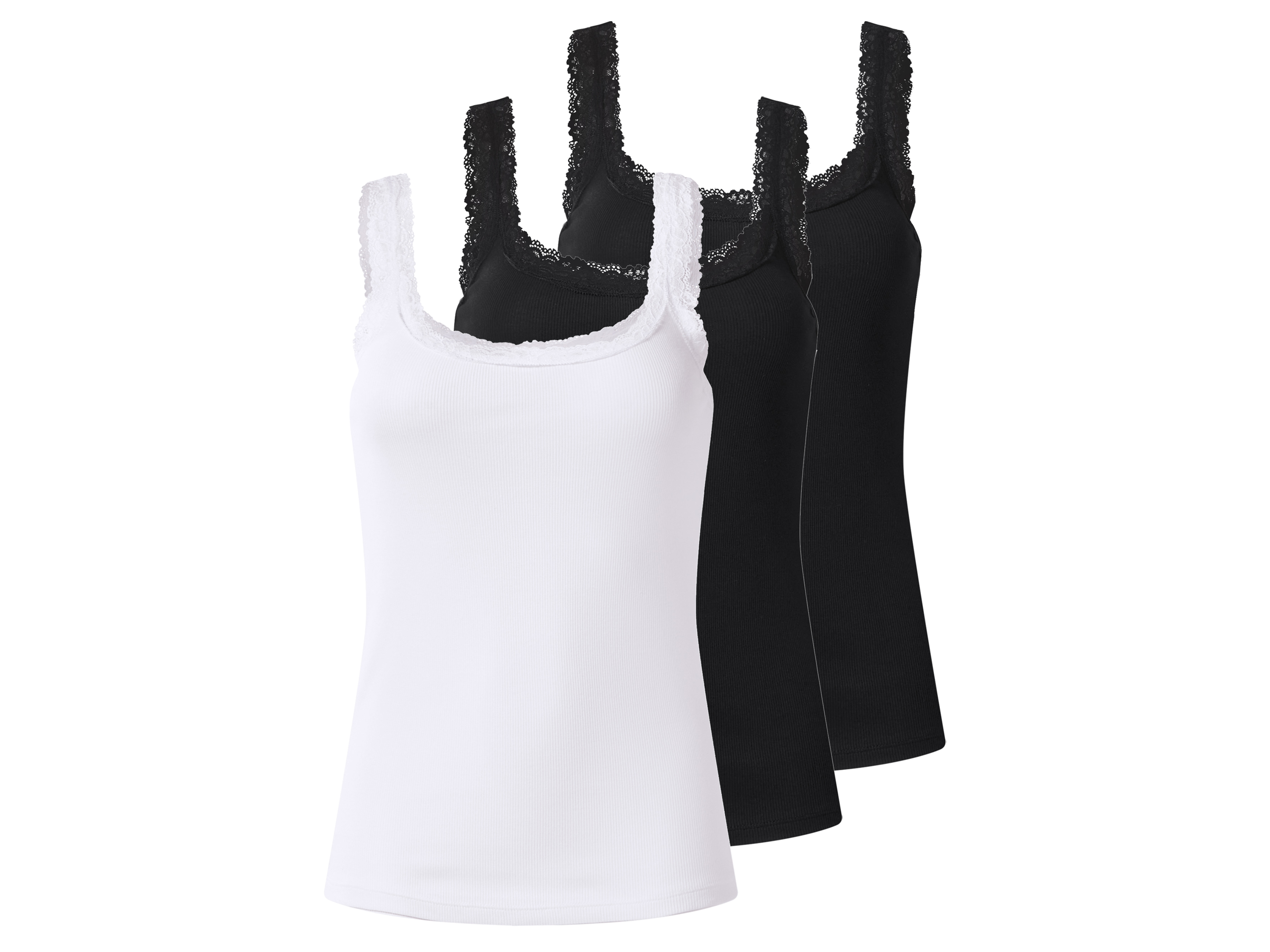 esmara Topy damskie z bawełną z koronką, 3 sztuki Czarny/biały, L44/46