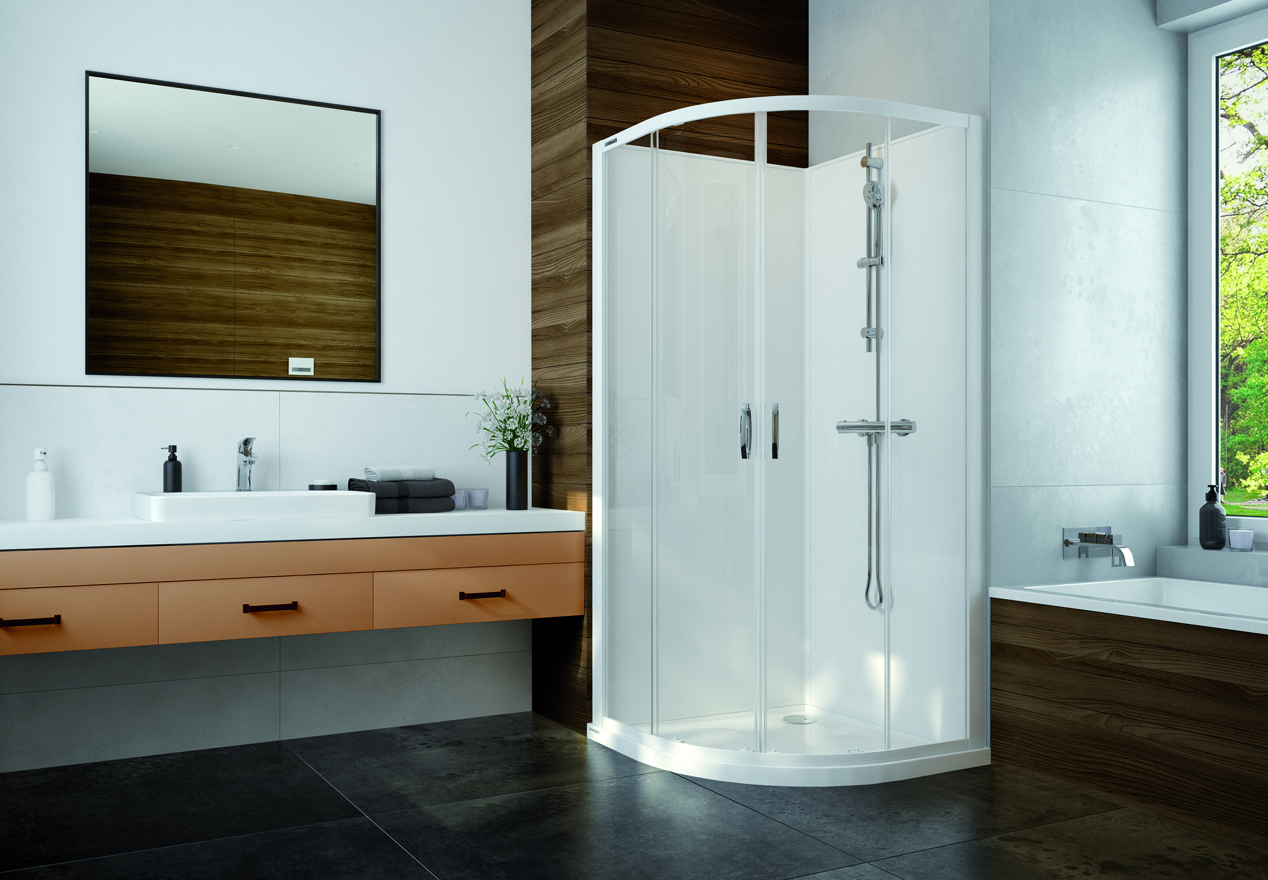 Darmowa Dostawa - Kabina z brodzikiem i zestawem prysznicowym 90x90 cm półokrągła biały połysk/szkło przezroczyste Sanplast Basic Complete Mineral 