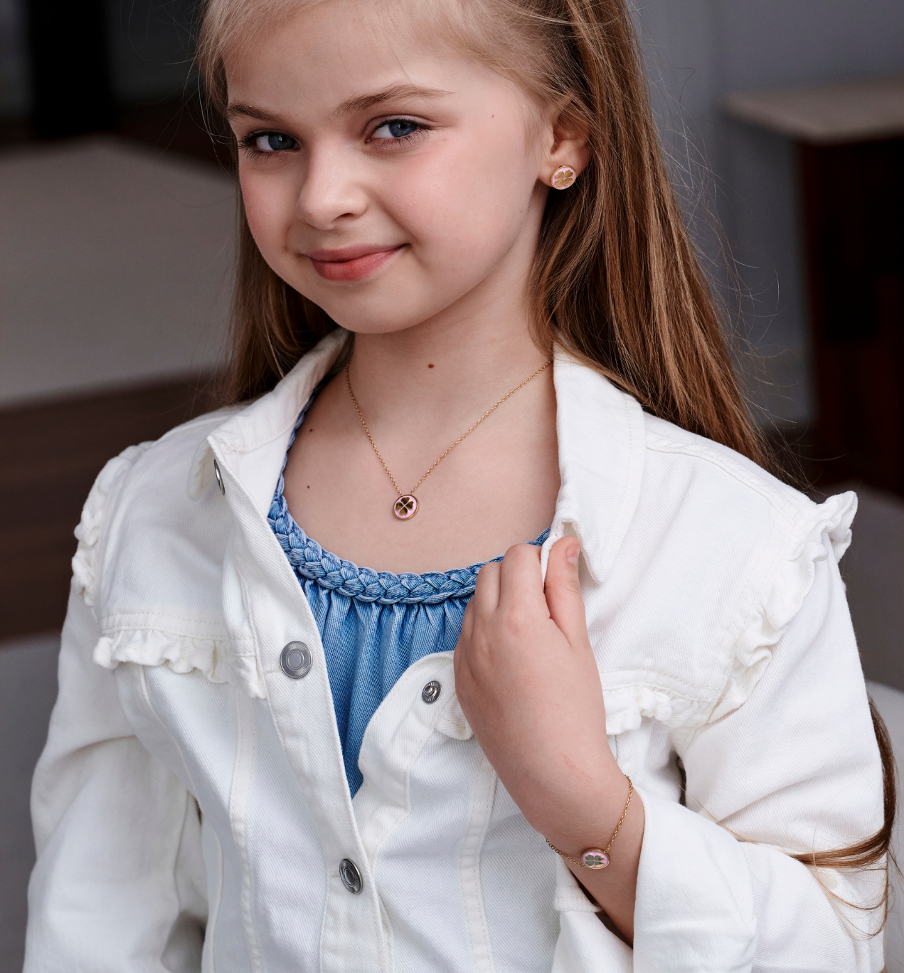 Zestaw biżuterii dla mamy i córki z różową koniczynką ZN0214