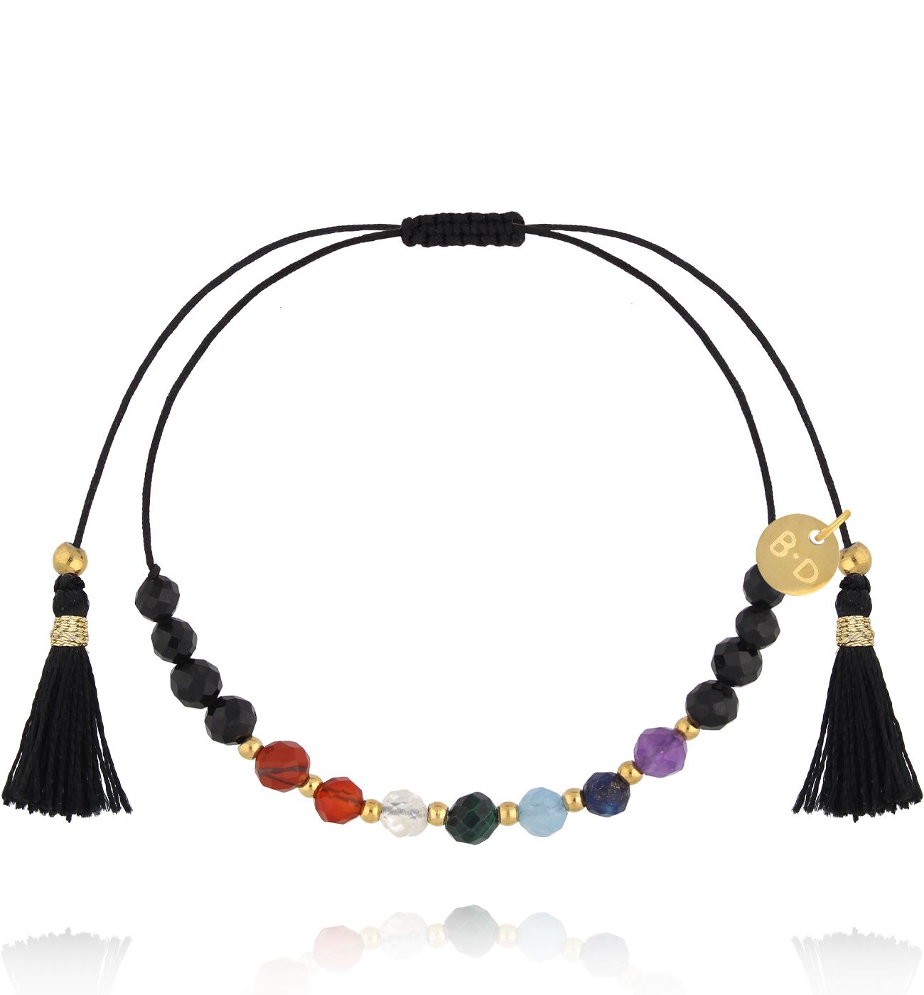 Bransoletka na czarnym sznurku z frędzlami i kamieniami naturalnymi BMT0358