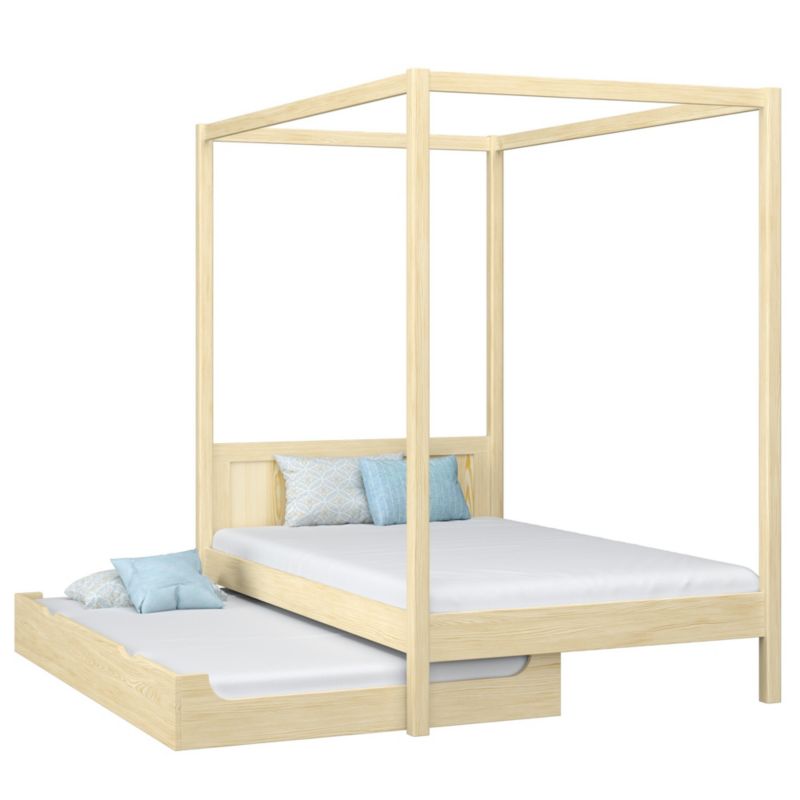 Drewniane łóżko N-WOOD pojedyncze z baldachimem i szufladą na dodatkowy materac N02 sosna bezbarwna 90x180 1szt.