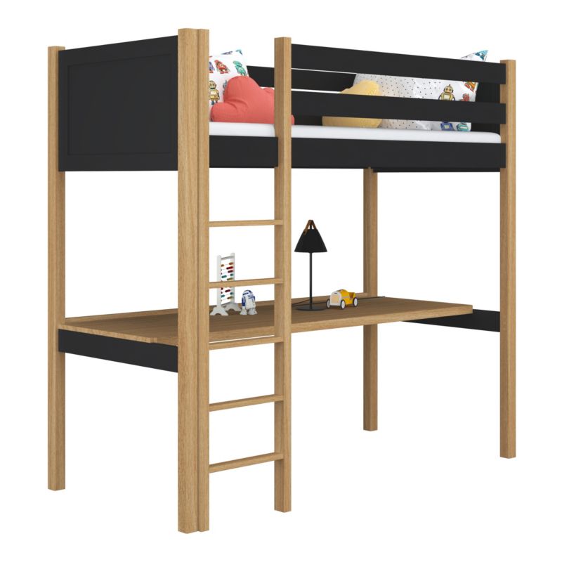 Drewniane łóżko N-WOOD na antresoli z biurkiem N06 czarno dębowy 80x180 1szt.