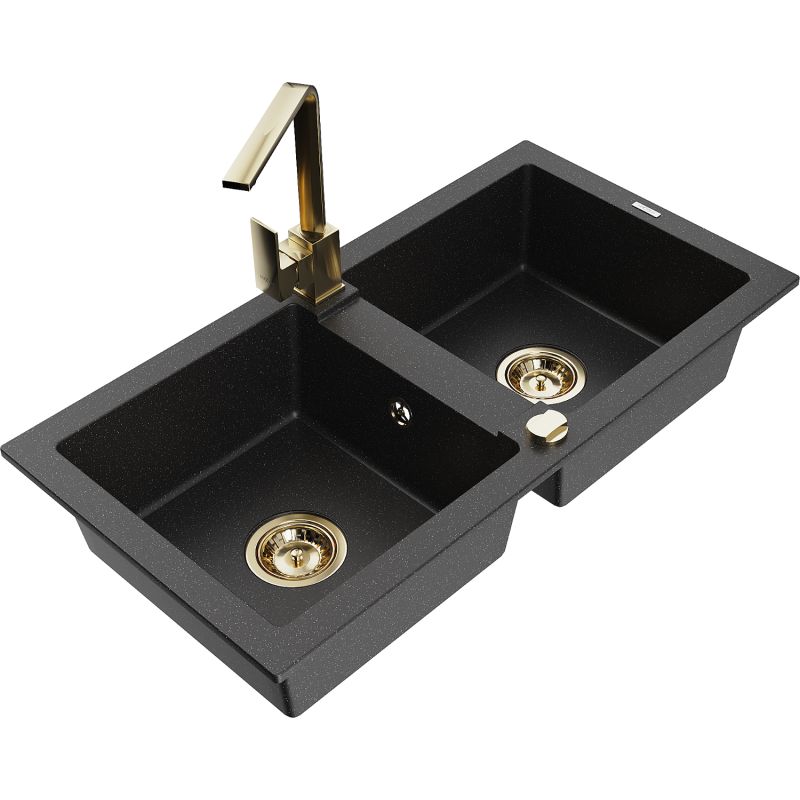 Zlewozmywak granitowy 2-komorowy Mexen Mario z baterią kuchenną Rita czarny/złoty metalik - 6504-75-670300-70-B 1 szt.