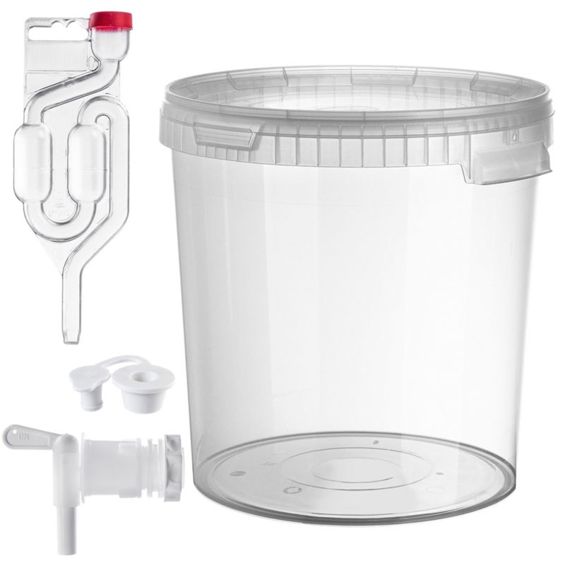 Wiadro fermentacyjne KADAX Zestaw z pokrywą, Kran obrotowy, korek fermentacyjny, rurka fermentacyjna bezbarwne 33L 1 szt.