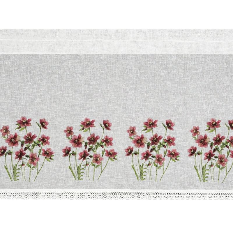 Firana zazdrostka ISA Eurofirany 60 x 150 cm biała z etaminy zdobiona nadrukiem bordowych kwiatów i koronką 1 szt.