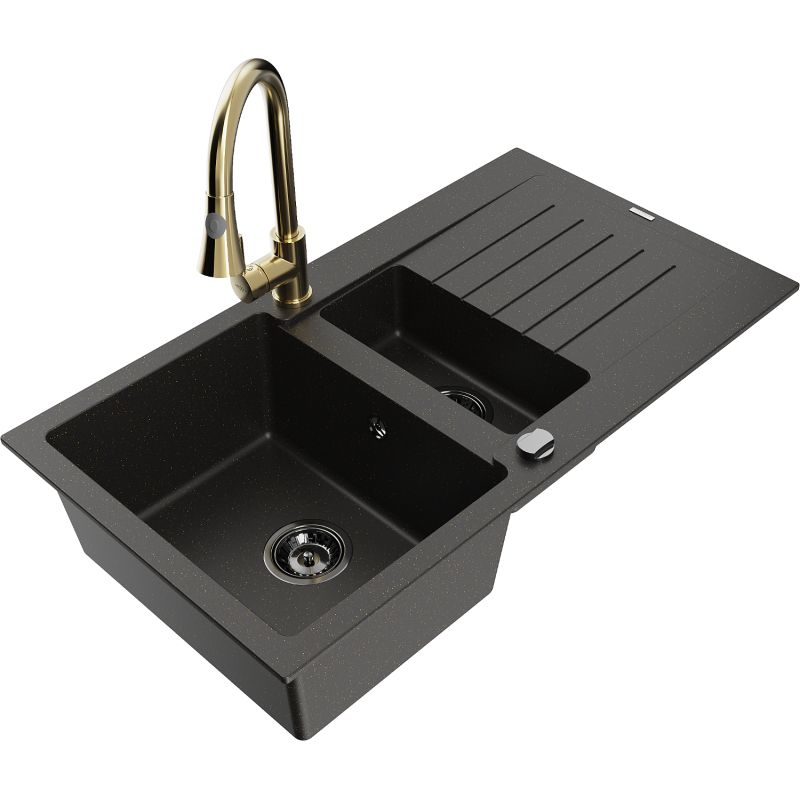 Zlewozmywak granitowy 1.5-komorowy Mexen Matias z ociekaczem i baterią kuchenną Elia czarny/złoty metalik 6502-75-670101-50-B